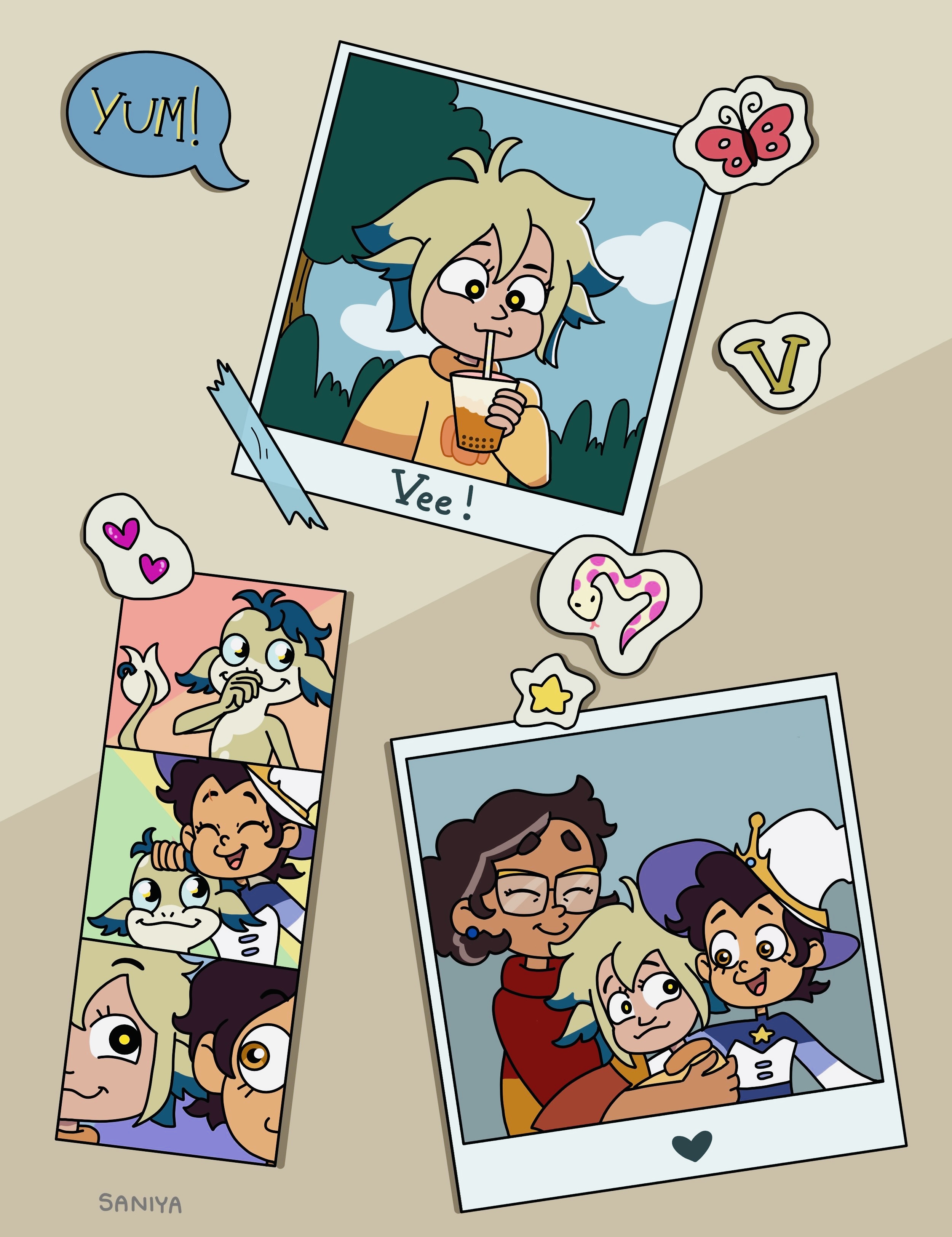Digital drawing of a scrapbook-like collage featuring five photos taped to a page. The first drawing, labelled "Vee!", shows Vee's human season 3 design drinking boba. The second drawing, labelled with a heart, shows Vee, Luz, and Camila hugging each other in their outfits from Thanks to Them. The final drawing is a photobooth-style strip of three photos showing 1) basilisk Vee giggling, 2) basilisk Vee and Luz laughing, and 3) human Vee and Luz looking at each other.